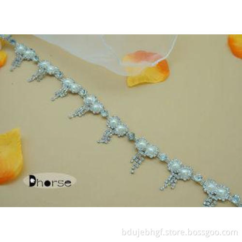 Bow Design Bling Sew On Pearl Rhinestone Chain Trim For Lad